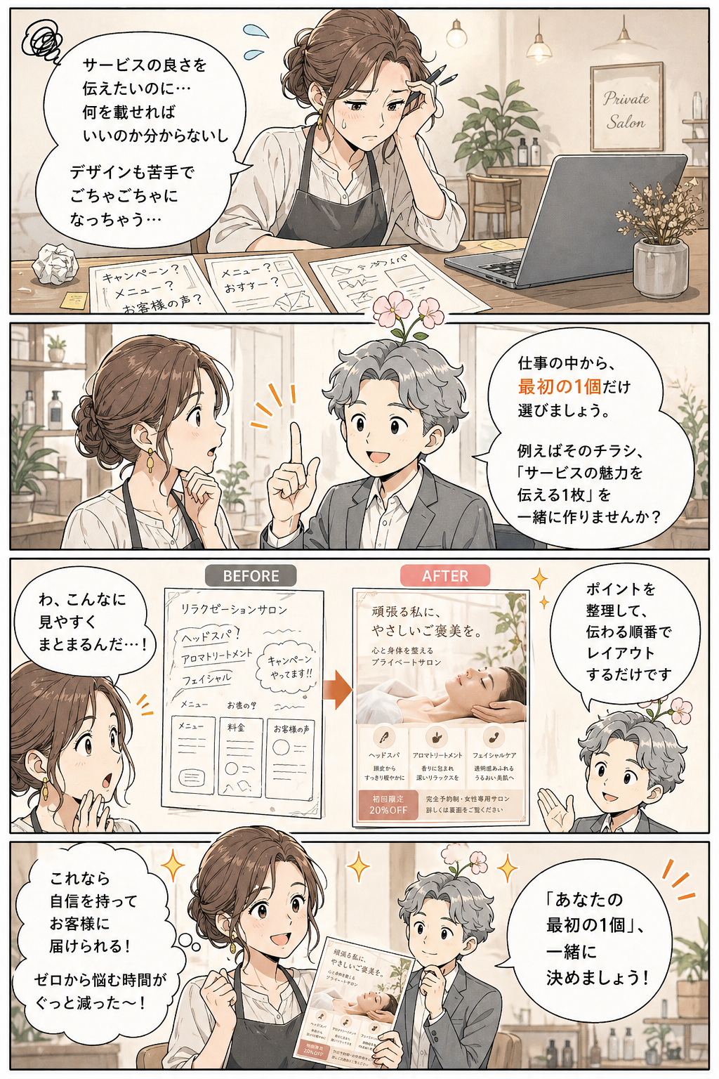 サロンのチラシ作成にAIを使い、伝わる1枚を整えた4コマ漫画