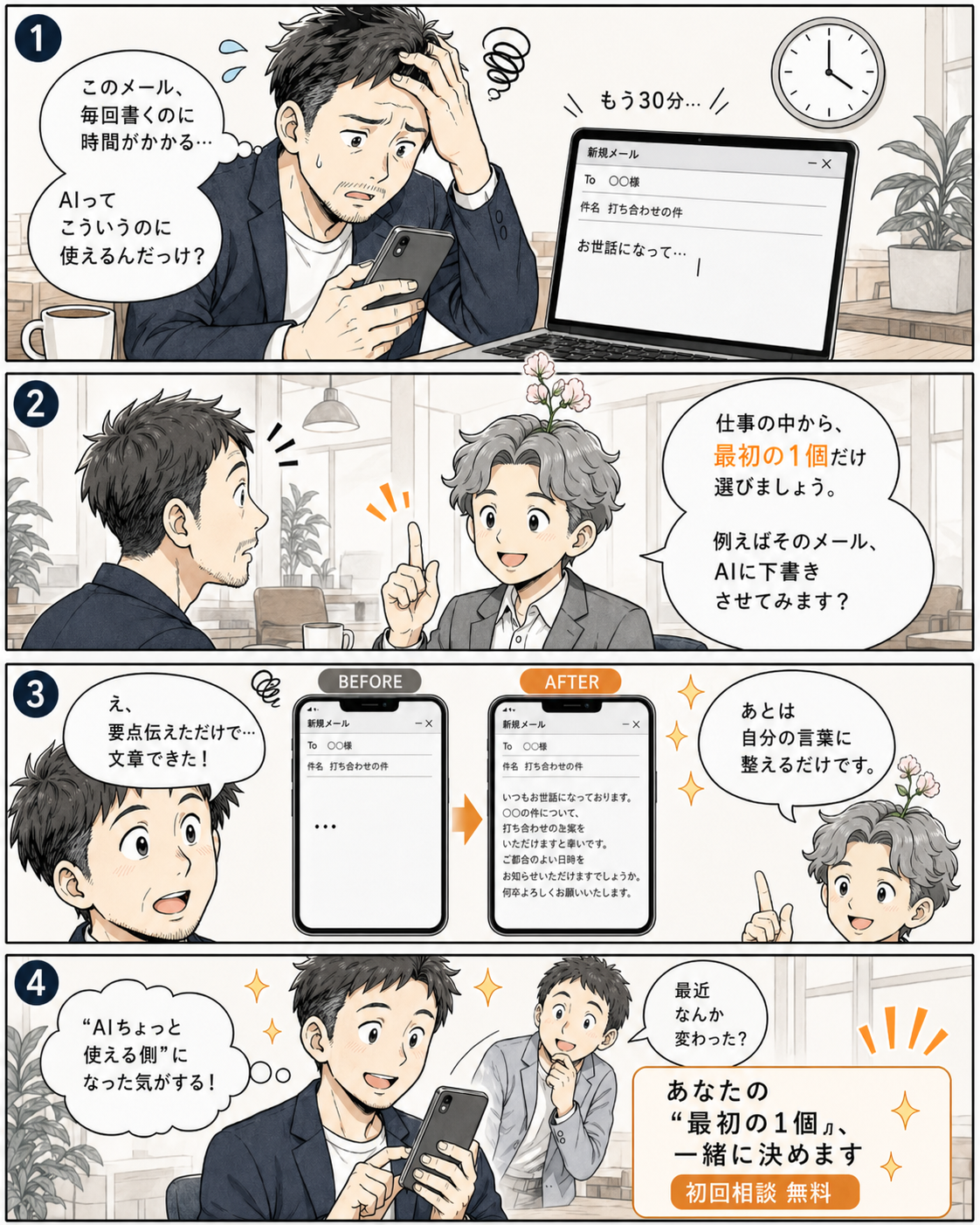 毎朝のメール下書きにAIを使い、最初の1個を見つけた4コマ漫画