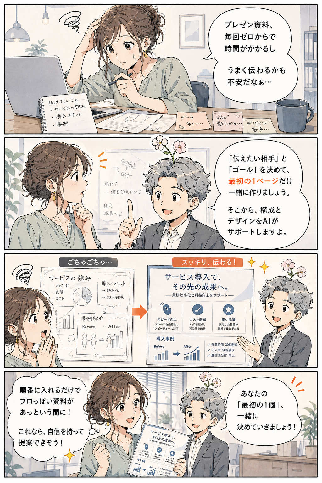 プレゼン資料作成にAIを使い、伝わる1ページを整えた4コマ漫画